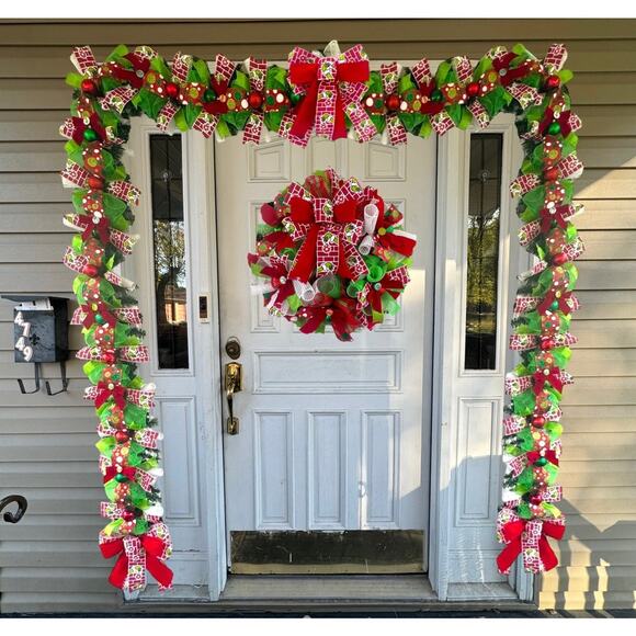 Grinch Wreath & Christmas Garland Holiday Home Decor, Front Door Hanger Gift xxx - Picture 1 of 10